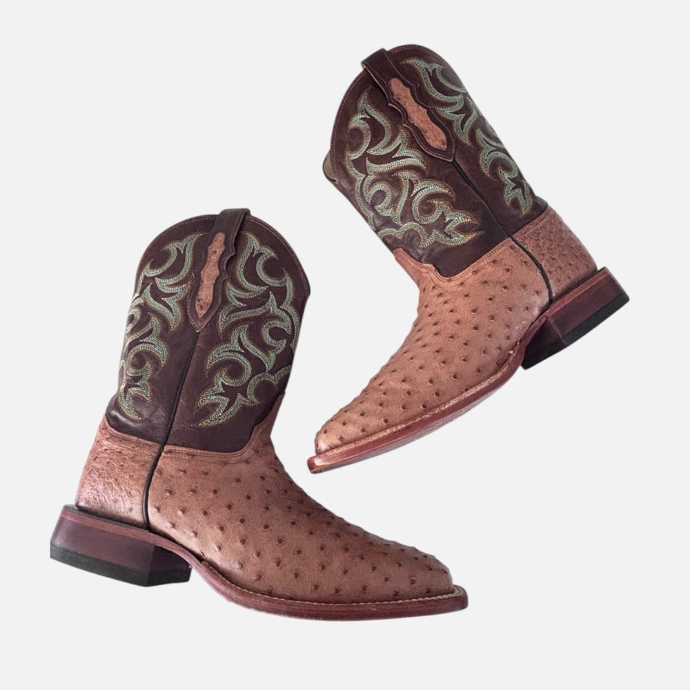 Justin Full Quill Ostrich Western Boots Men’s 10 EE Cognac Square Toe
